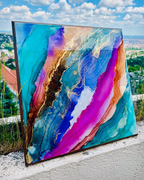 Alcohol ink&epoxi kép kristályokkal