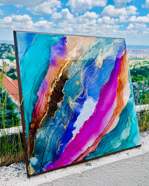 Alcohol ink&epoxi kép kristályokkal